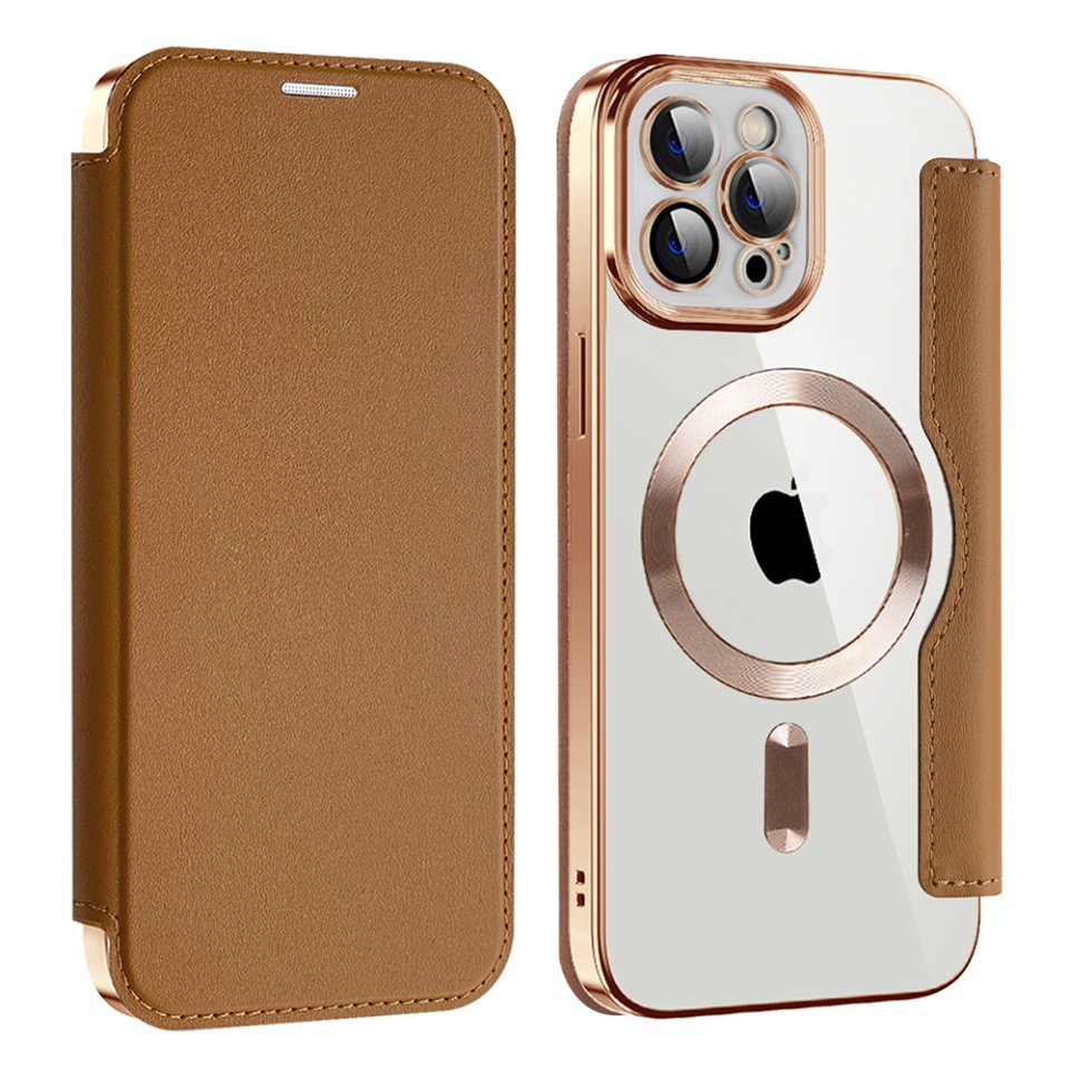 Husa pentru iPhone 12 Pro tip carte, SKYDDAR INOVATION, SmartMag Book, Magsafe, RFiD, Suport Carduri, set cu sticker, Maro - 1 | YEO