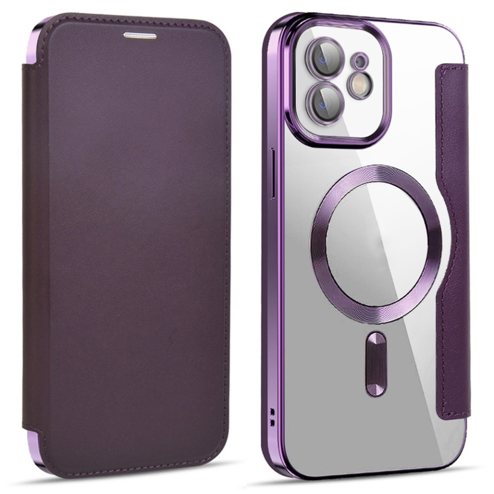 Husa pentru iPhone 12 tip carte, SKYDDAR INOVATION, SmartMag Book, Magsafe, RFiD, Suport Carduri, set cu sticker, Mov - 1 | YEO