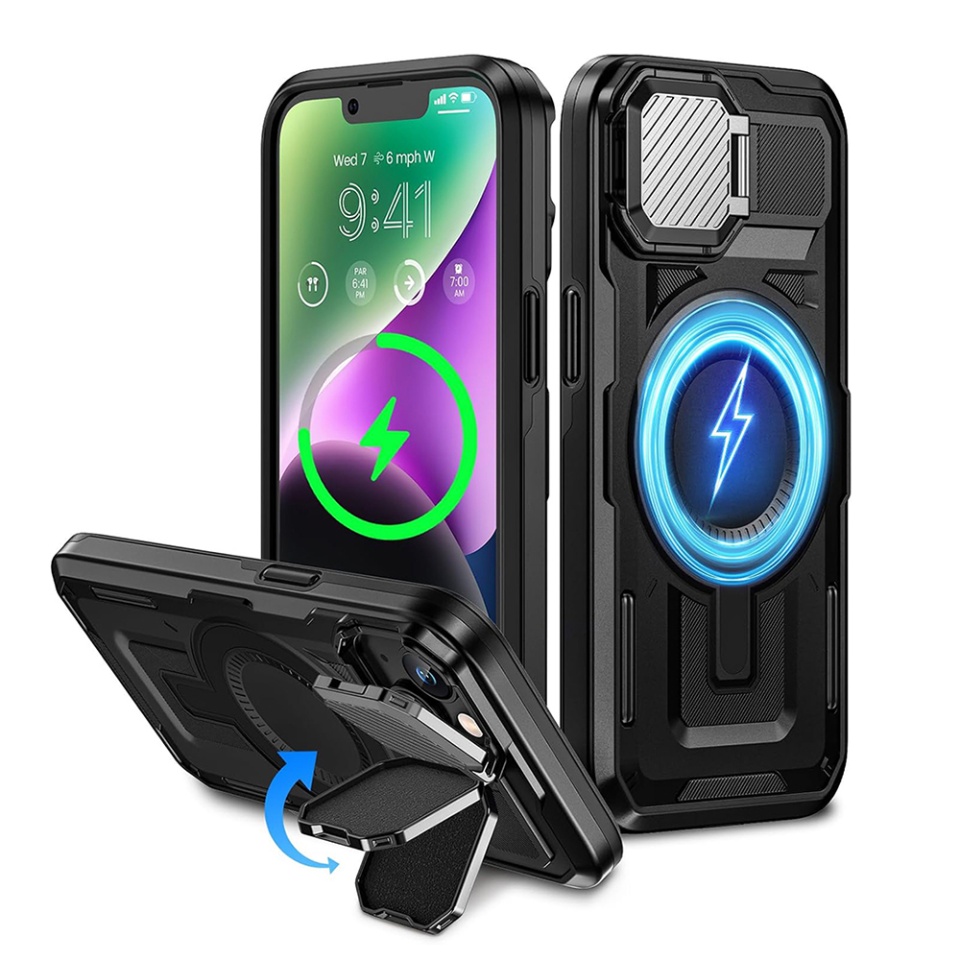 Husa pentru iPhone 13 / 14 / 16e, SKYDDAR INNOVATION, CamVault MagSafe cu Protectie Camera, set cu sticker, Negru