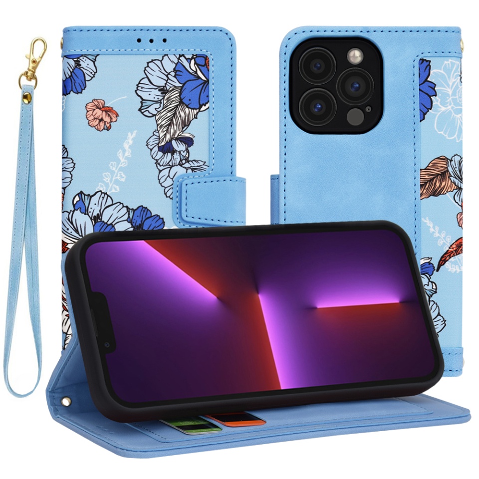 Husa pentru iPhone 13 Pro din Piele Ecologică cu Design Floral, Protecție 360°, Stand Integrat, Buzunare pentru Carduri, SKDR Floral Wallet - Bleu