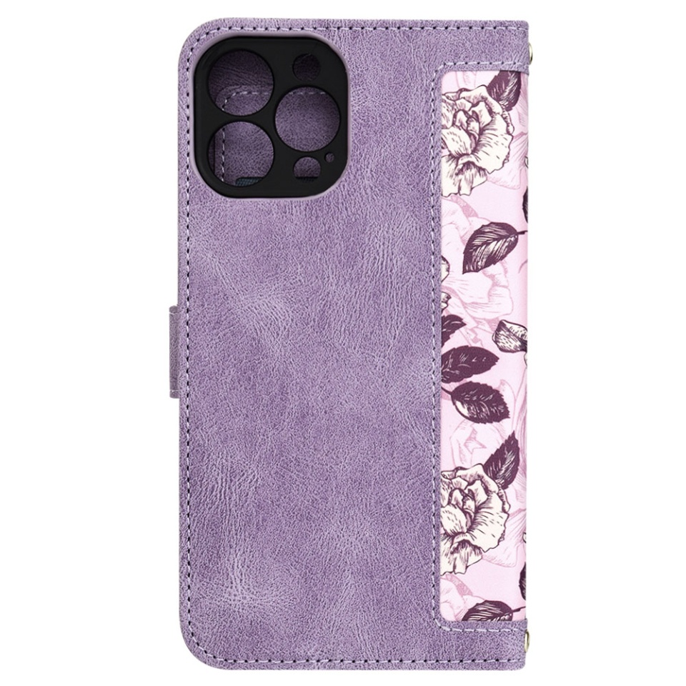Husa pentru iPhone 13 Pro Max din Piele Ecologică cu Design Floral, Protecție 360°, Stand Integrat, Buzunare pentru Carduri, SKDR Floral Wallet - Mov - 2 | YEO