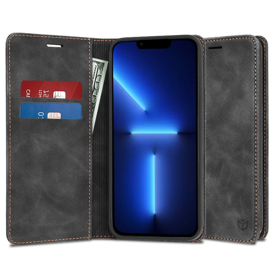 Husa pentru iPhone 13 Pro Max, SKYDDAR INNOVATION, Soft Wallet, tip Carte din piele Eco Premium, cu Portofel Interior, Negru, set cu sticker