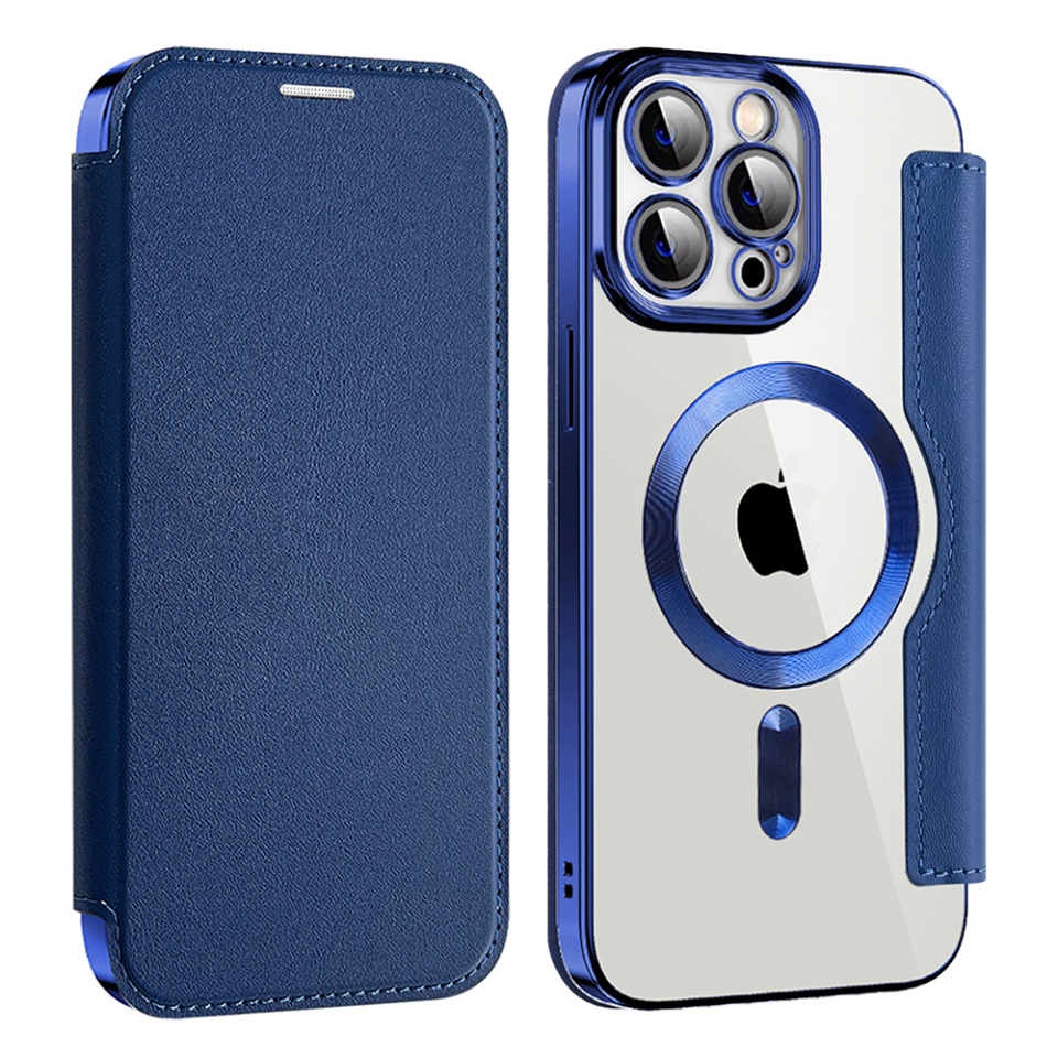 Husa pentru iPhone 13 Pro Max tip carte, SKYDDAR INOVATION, SmartMag Book, Magsafe, RFiD, Suport Carduri, set cu sticker, Albastru - 1 | YEO