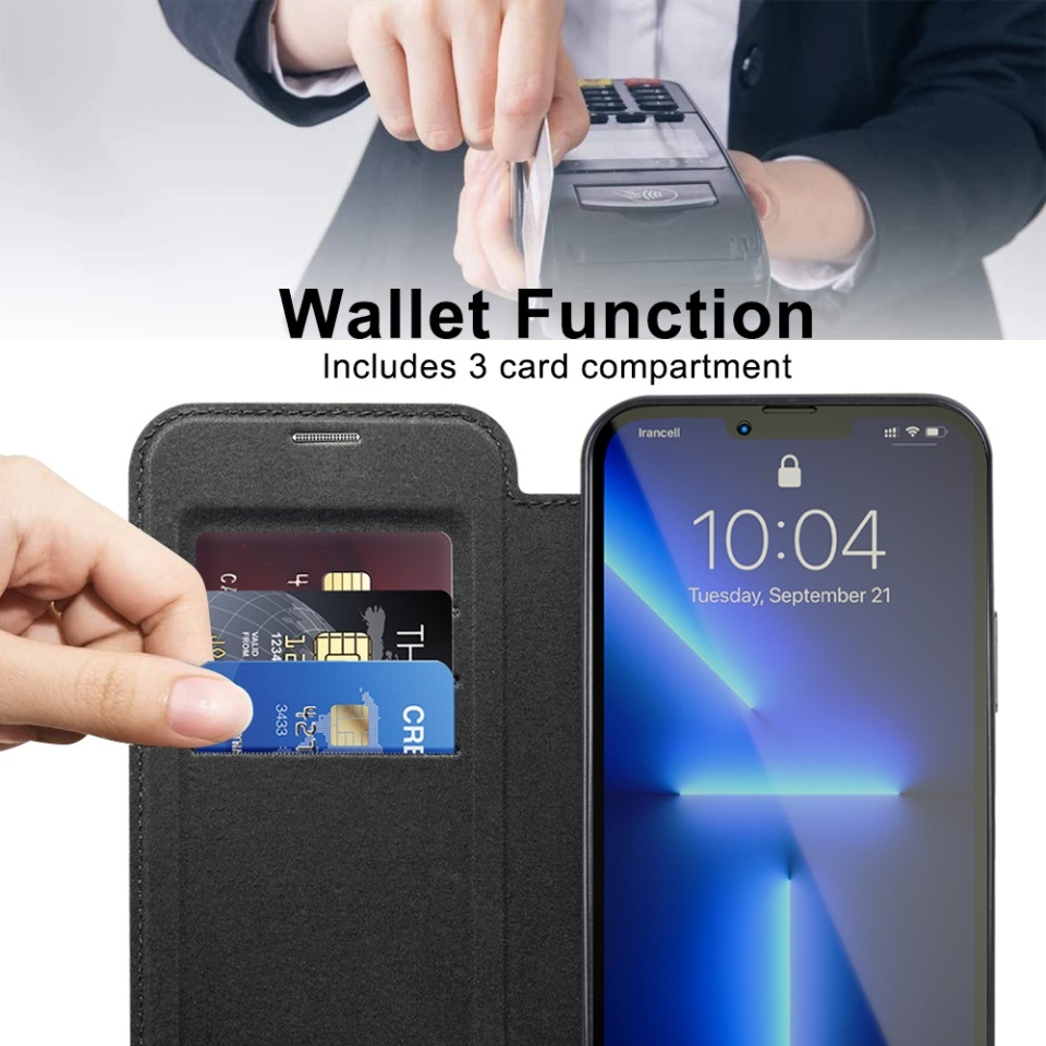 Husa pentru iPhone 13 Pro Max tip carte, SKYDDAR INOVATION, SmartMag Book, Magsafe, RFiD, Suport Carduri, set cu sticker, Negru - 3 | YEO
