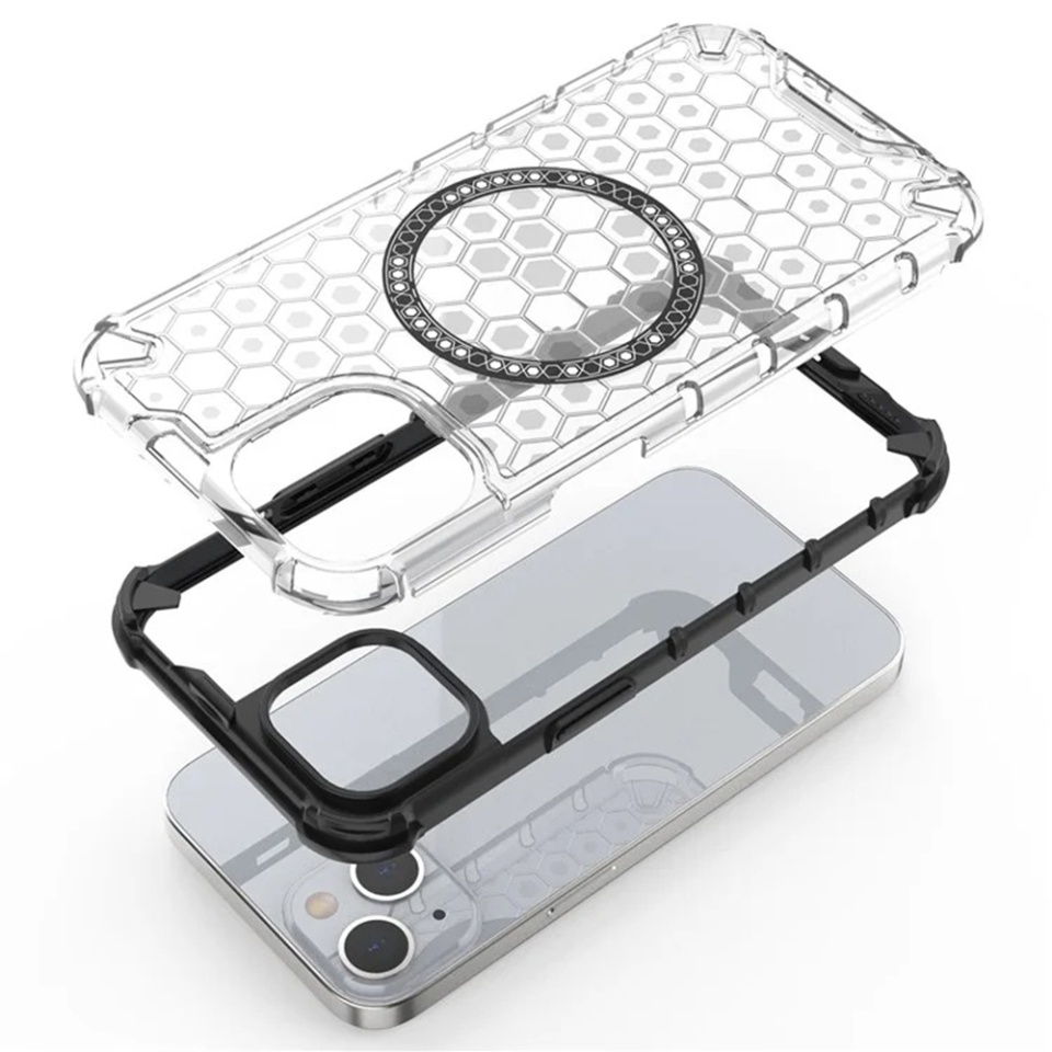 Husa pentru iPhone 13, SKYDDAR INNOVATION, HoneyComb Shield MagSafe, Negru, set cu sticker - 3 | YEO
