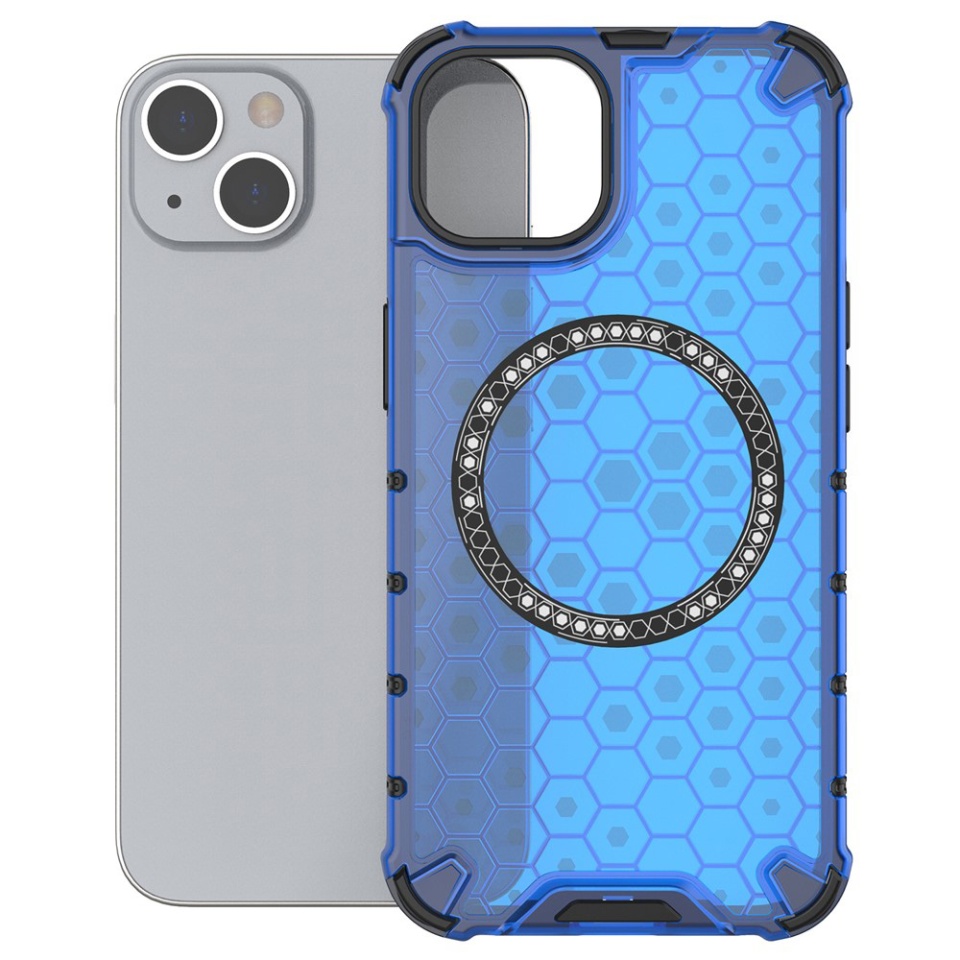 Husa pentru iPhone 13, SKYDDAR INNOVATION, HoneyComb Shield MagSafe, Antisoc, set cu sticker, Albastru - 1 | YEO
