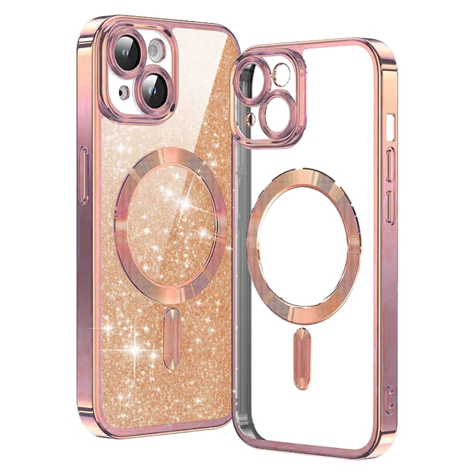 Husa pentru iPhone 13, SKYDDAR INNOVATION, Luxury Glitter Magsafe, Antisoc, Fundal Detasabil 2-in-1, Protectie Superioara, Margini Ridicate, Roz auriu, set cu sticker