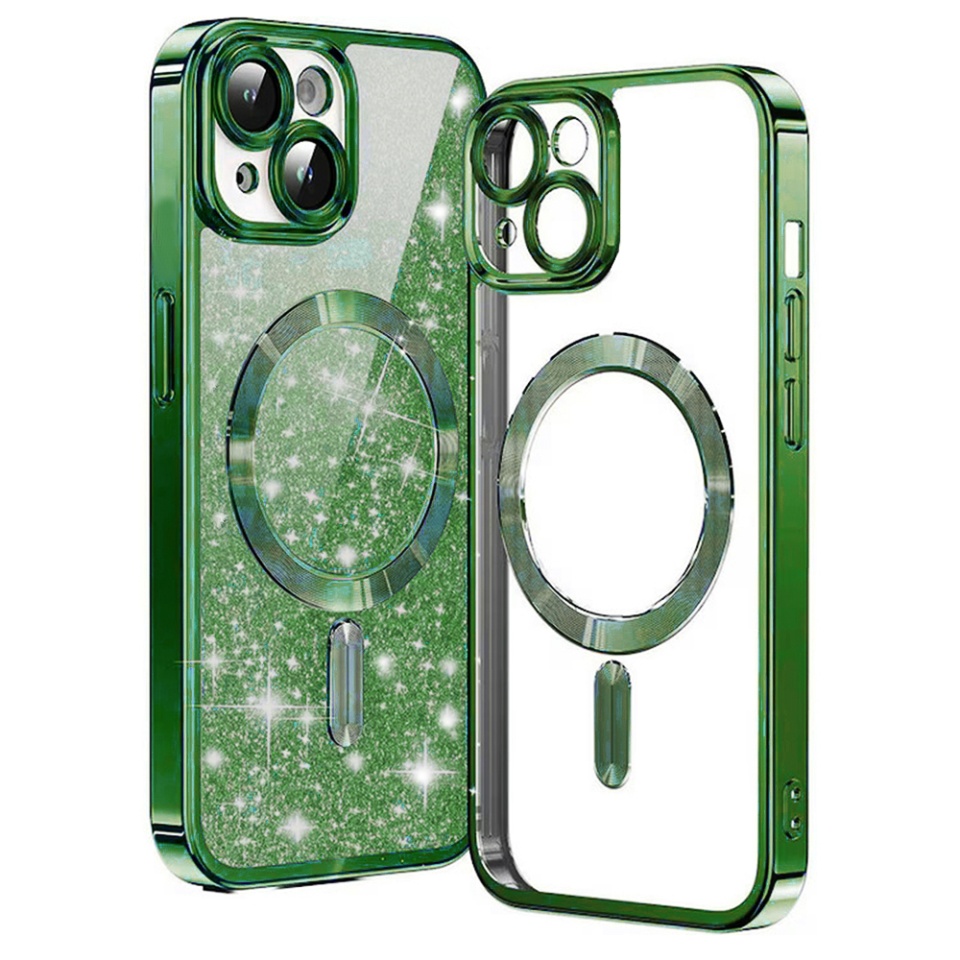 Husa pentru iPhone 13, SKYDDAR INNOVATION, Luxury Glitter Magsafe, Antisoc, Fundal Detasabil 2-in-1, Protectie Superioara, Margini Ridicate, Verde, set cu sticker