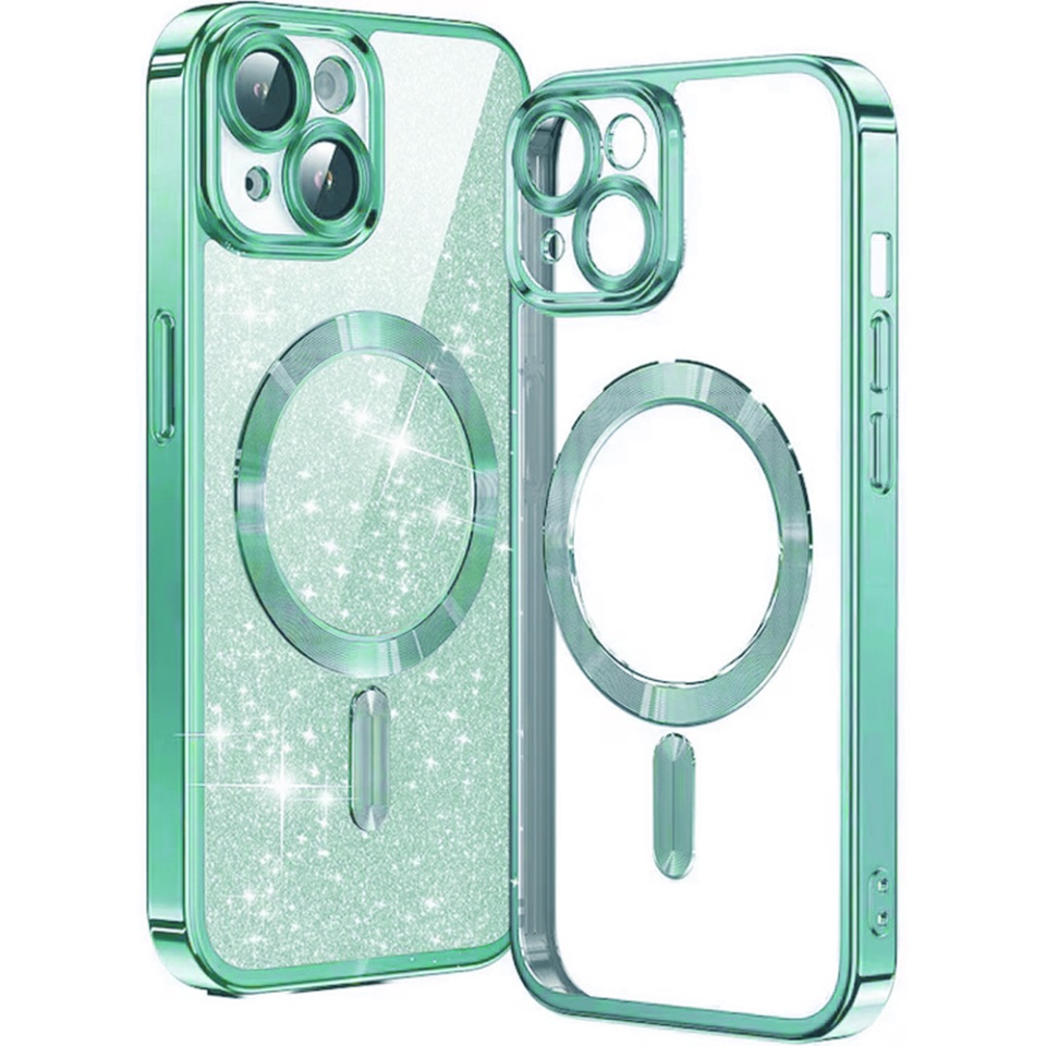 Husa pentru iPhone 13, SKYDDAR INNOVATION, Luxury Glitter Magsafe, Antisoc, Fundal Detasabil 2-in-1, Protectie Superioara, Margini Ridicate, Verde deschis, set cu sticker