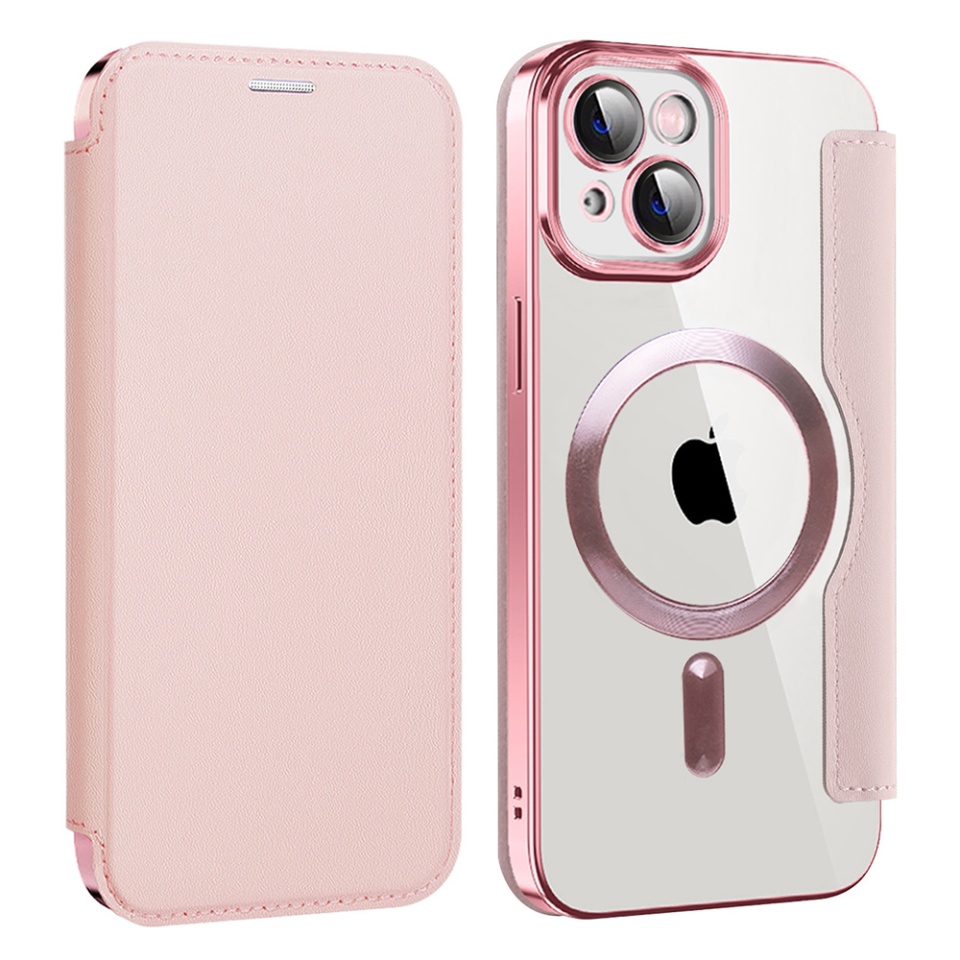 Husa pentru iPhone 13 tip carte, SKYDDAR INOVATION, SmartMag Book, Magsafe, RFiD, Suport Carduri, set cu sticker, Roz - 1 | YEO