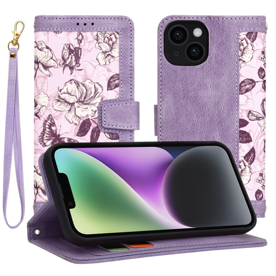 Husa pentru iPhone 14 din Piele Ecologică cu Design Floral, Protecție 360°, Stand Integrat, Buzunare pentru Carduri, SKDR Floral Wallet - Mov
