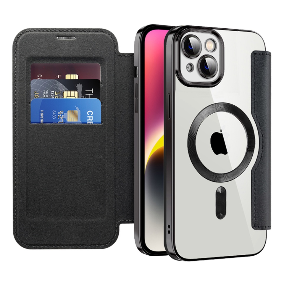 Husa pentru iPhone 14 Plus tip carte, SKYDDAR INOVATION, SmartMag Book, Magsafe, RFiD, Suport Carduri, set cu sticker, Negru