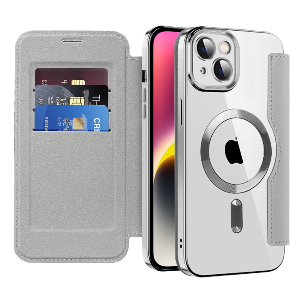 Husa pentru iPhone 14 Plus tip carte, SKYDDAR INOVATION, SmartMag Book, Magsafe, RFiD, Suport Carduri, set cu sticker, Gri
