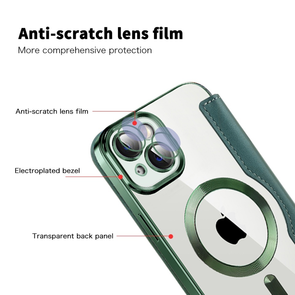 Husa pentru iPhone 14 Plus tip carte, SKYDDAR INOVATION, SmartMag Book, Magsafe, RFiD, Suport Carduri, set cu sticker, Verde - 2 | YEO