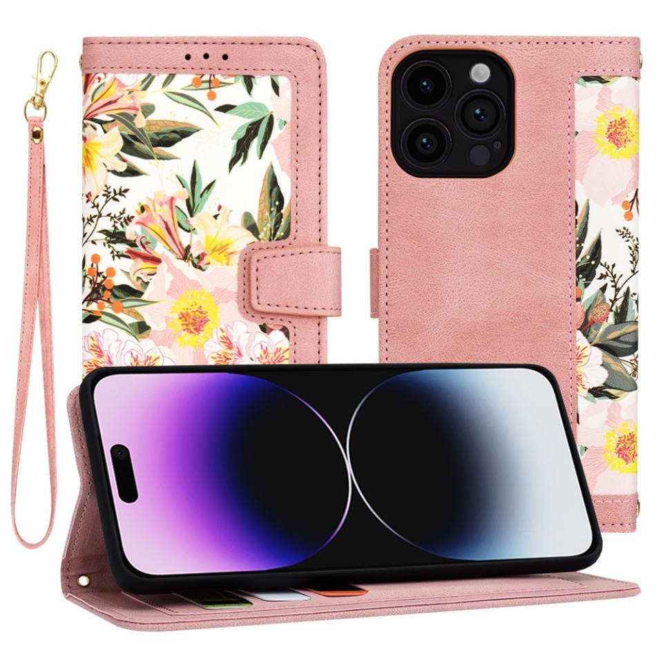 Husa pentru iPhone 14 Pro Max, SKYDDAR INNOVATION, Floral Wallet, din Piele Ecologică cu Design Floral, Protecție 360°, Stand Integrat, Buzunare pentru Carduri, Roz, set cu sticker