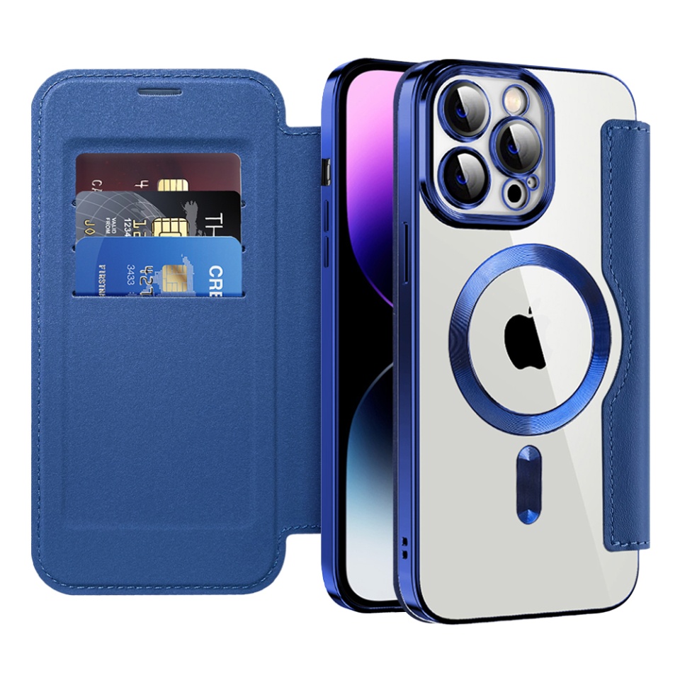 Husa pentru iPhone 14 Pro Max tip carte, SKYDDAR INOVATION, SmartMag Book, Magsafe, RFiD, Suport Carduri, set cu sticker, Albastru