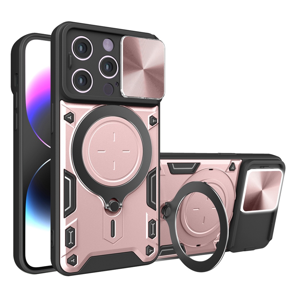 Husa pentru iPhone 14 Pro, SKYDDAR INNOVATION, CamGuard Pro, Inel Magnetic, Protectie Camera, set cu sticker, Roz auriu