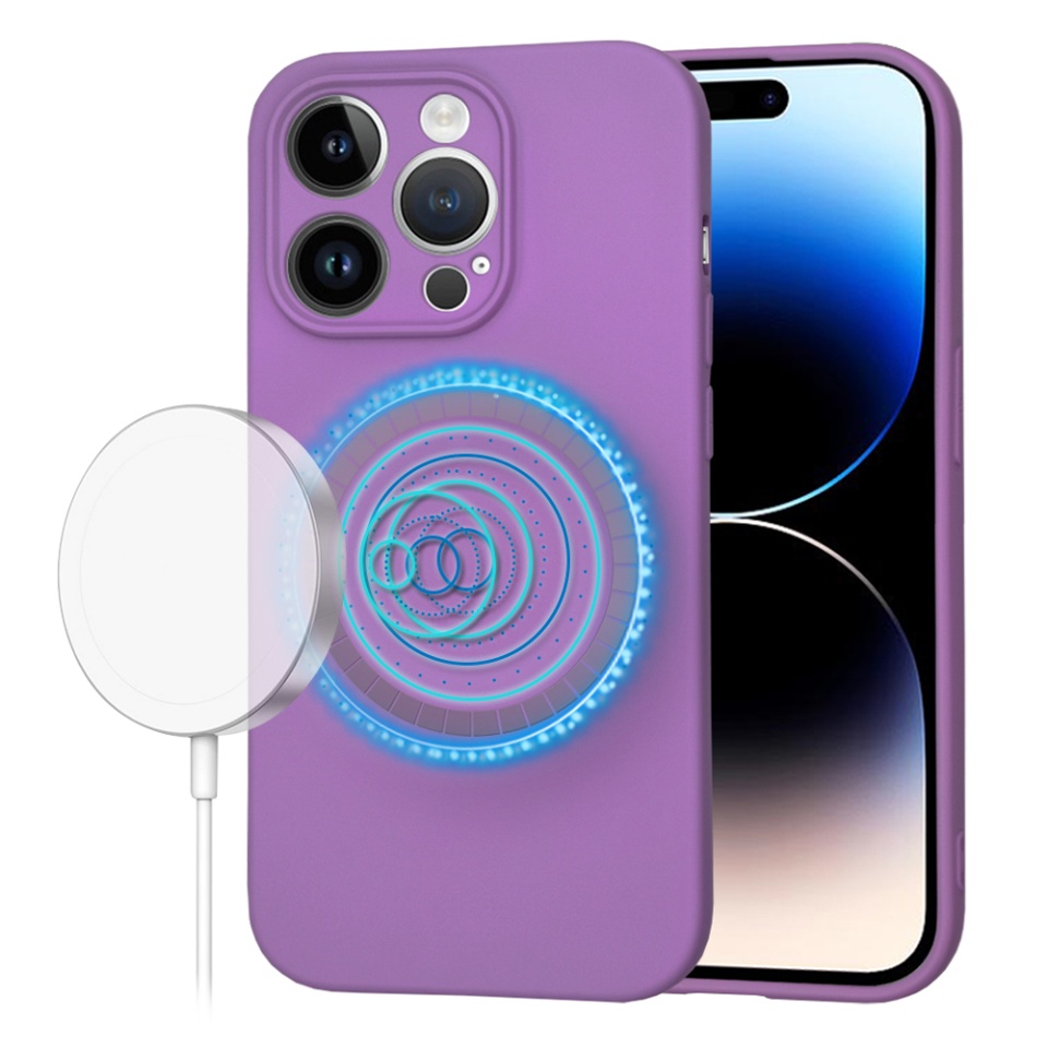Husa pentru iPhone 14 Pro, SKYDDAR INNOVATION, din Silicon Catifelat, SoftFlex Magsafe, Mov, set cu sticker