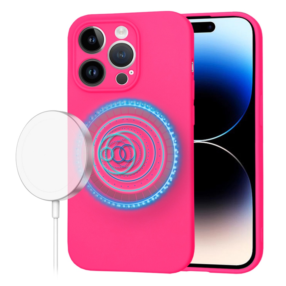 Husa pentru iPhone 14 Pro, SKYDDAR INNOVATION, din Silicon Catifelat, SoftFlex Magsafe, Fucsia, set cu sticker