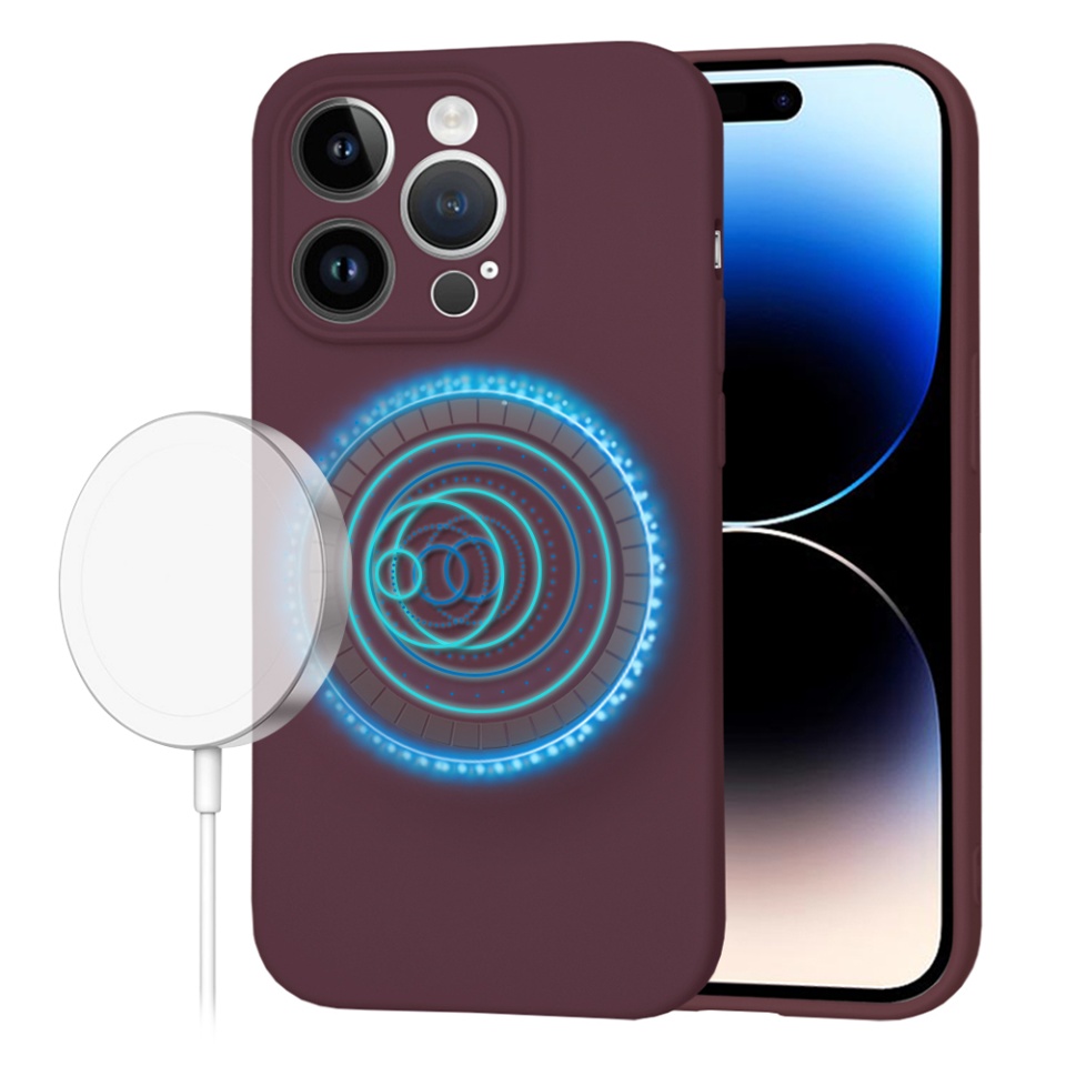 Husa pentru iPhone 14 Pro, SKYDDAR INNOVATION, din Silicon Catifelat, SoftFlex Magsafe, Bordo, set cu sticker