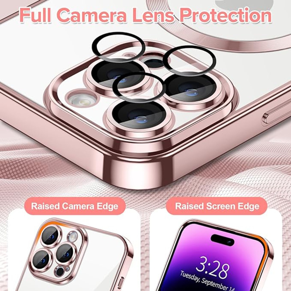 Husa pentru iPhone 14 Pro, SKYDDAR INNOVATION, Luxury Shield Magsafe, Protectie Antisoc, Roz, set cu sticker - 3 | YEO