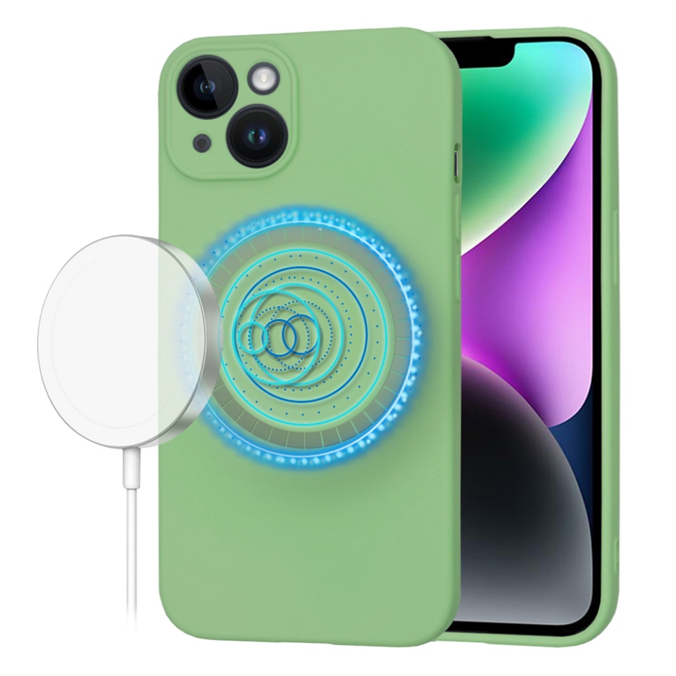 Husa pentru iPhone 14, SKYDDAR INNOVATION, din Silicon Catifelat, SoftFlex Magsafe, Verde deschis, set cu sticker