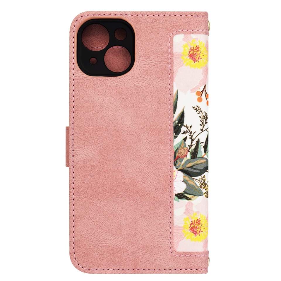 Husa pentru iPhone 14, SKYDDAR INNOVATION, Floral Wallet, din Piele Ecologică cu Design Floral, Protecție 360°, Stand Integrat, Buzunare pentru Carduri, Roz, set cu sticker - 2 | YEO