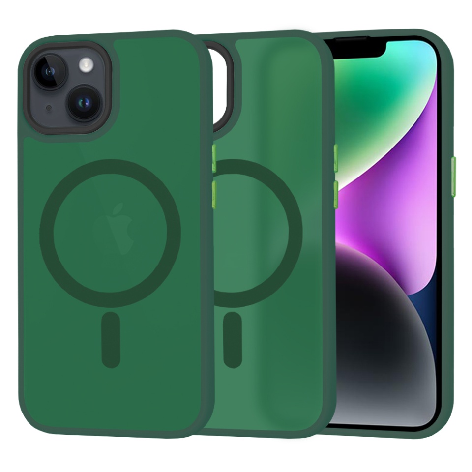 Husa pentru iPhone 14, SKYDDAR INNOVATION, HaloFrost MagSafe, Antisoc, set cu sticker, Verde inchis