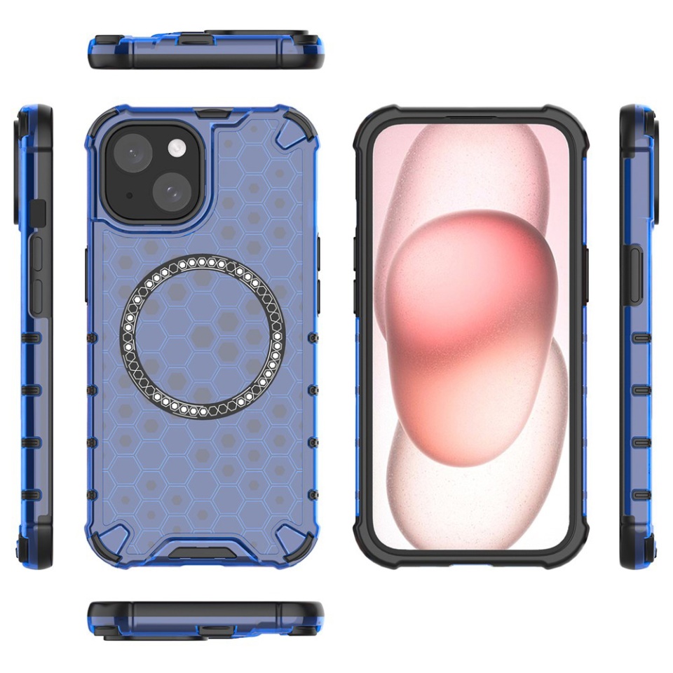 Husa pentru iPhone 14, SKYDDAR INNOVATION, HoneyComb Shield MagSafe, Antisoc, set cu sticker, Albastru - 3 | YEO