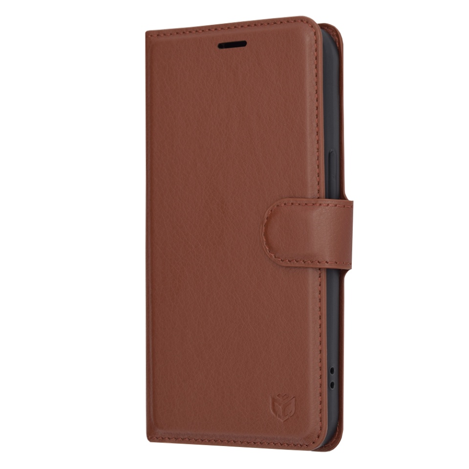 Husa pentru iPhone 14, SKYDDAR INNOVATION, Leather Folio, tip Carte, cu Portofel Interior, Finisaje Premium, Maro, set cu sticker - 3 | YEO