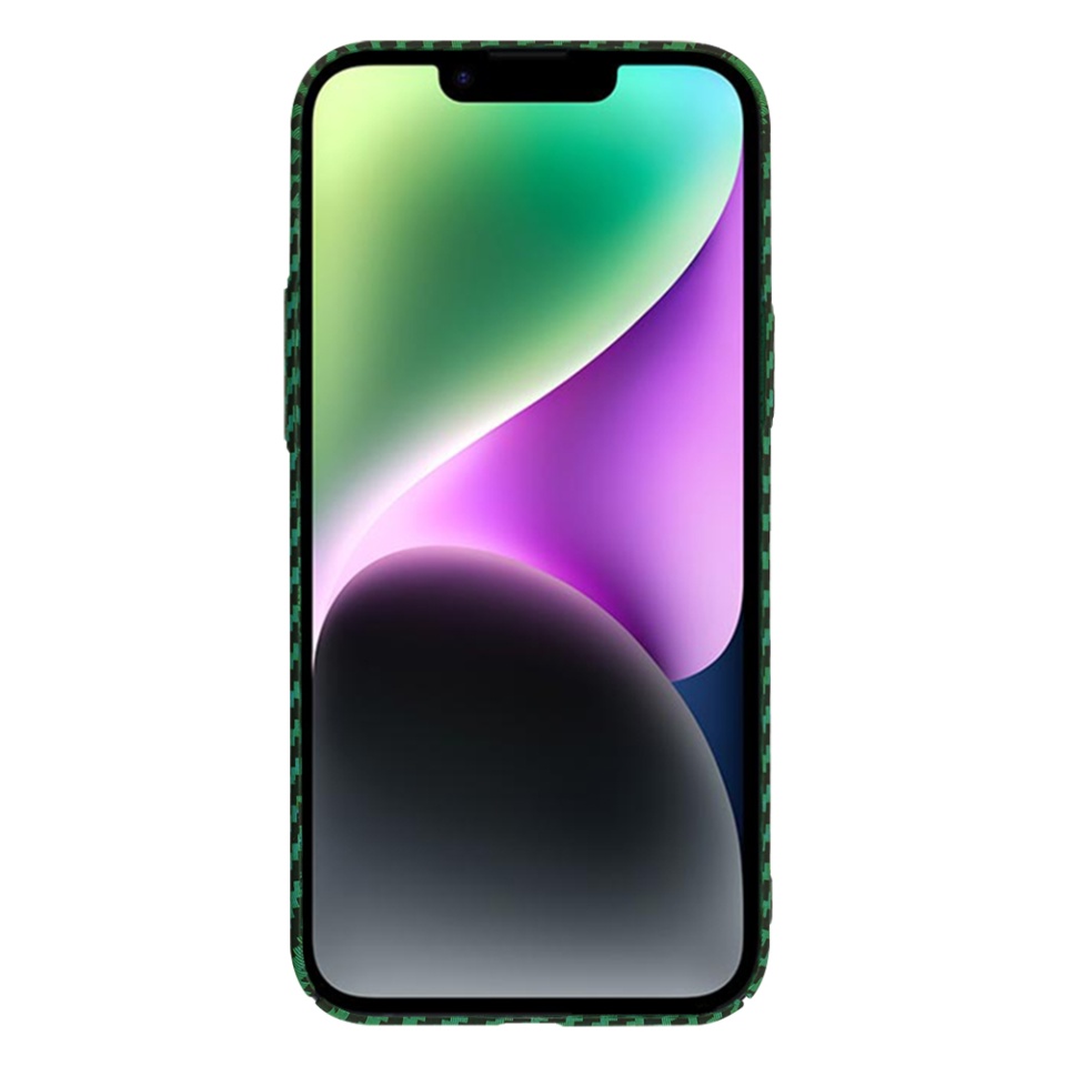 Husa pentru iPhone 14, SKYDDAR INNOVATION, textura carbon, Carbonite FiberShell, Verde, set cu sticker - 1 | YEO