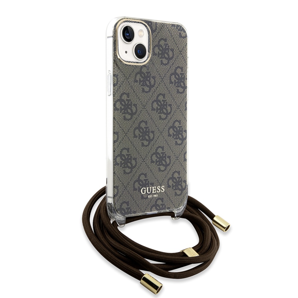 Husa pentru iPhone 15 cu snur, Crossbody Cord 4G Print, Guess - Maro - 3 | YEO