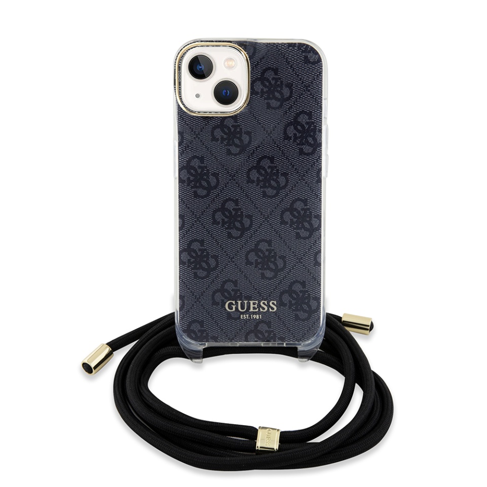 Husa pentru iPhone 15 cu snur, Crossbody Cord 4G Print, Guess - Negru - 2 | YEO
