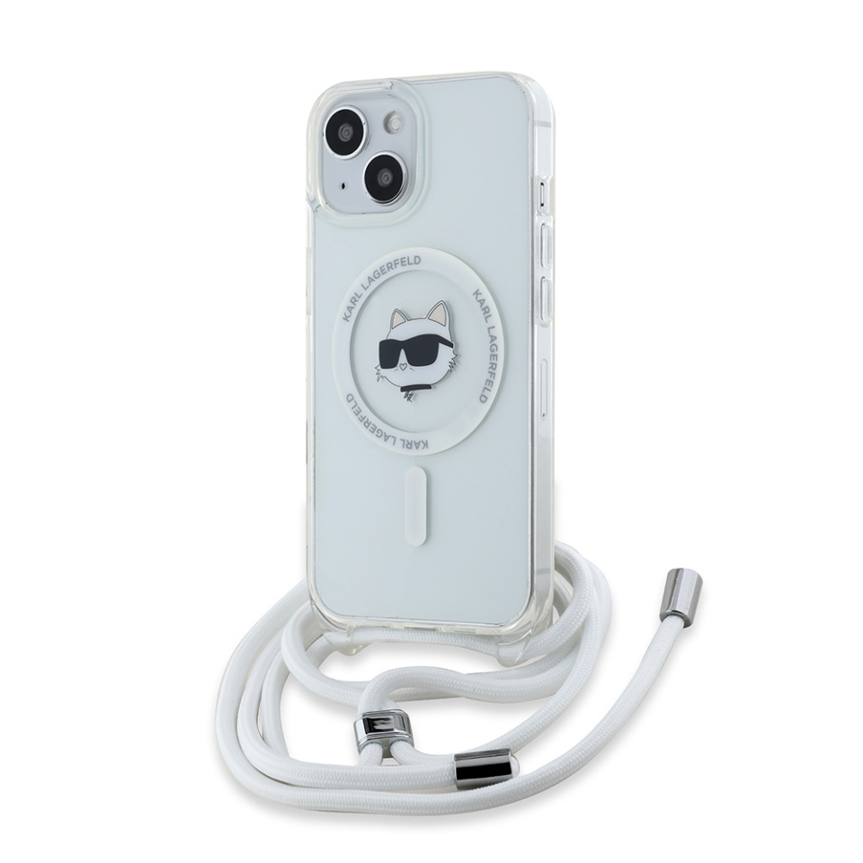 Husa pentru iPhone 15, Karl Lagerfeld, IML Crossbody MagSafe, Transparent Choupette Head&Cord