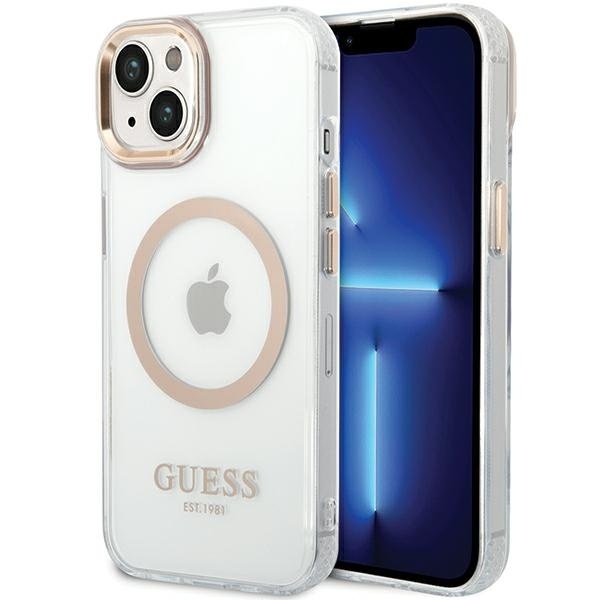 Husa pentru iPhone 15 Plus, Guess Clear MagSafe, Compatibila, Design Slim, Auriu