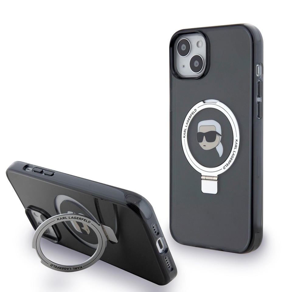 Husa pentru iPhone 15 Plus, Hardcase Ring Stand MagSafe, Karl Lagerfeld - Negru