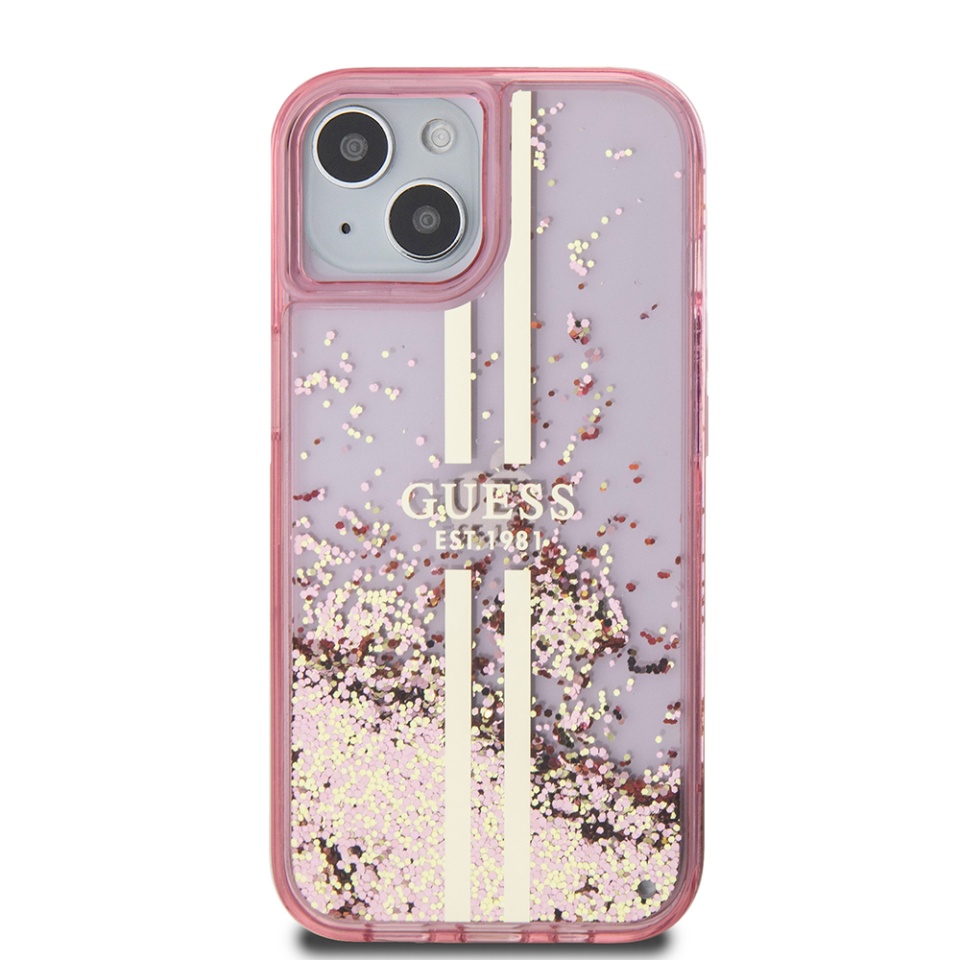 Husa pentru iPhone 15 Plus, Liquid Glitter Gold Stripes, Guess - Roz - 1 | YEO