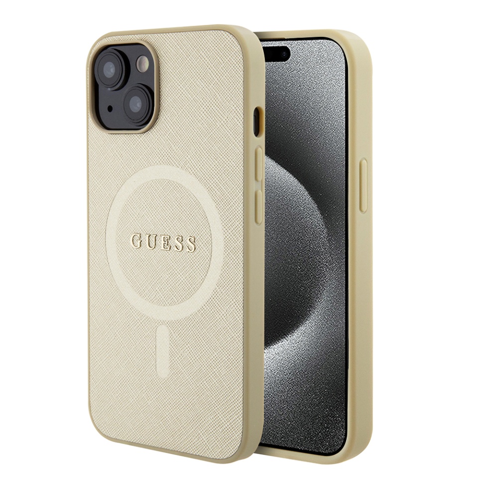 Husa pentru iPhone 15 Plus Saffiano MagSafe, Guess - Auriu