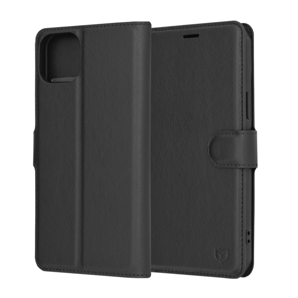 Husa pentru iPhone 15 Plus, SKYDDAR INNOVATION, Leather Folio, tip Carte, cu Portofel Interior, Finisaje Premium, Negru, set cu sticker
