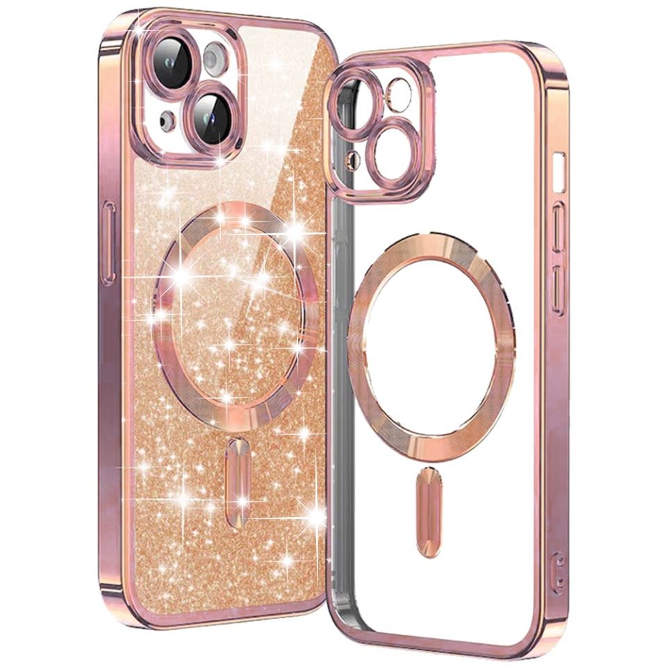 Husa pentru iPhone 15 Plus, SKYDDAR INNOVATION, Luxury Glitter Magsafe, Antisoc, Fundal Detasabil 2-in-1, Protectie Superioara, Margini Ridicate, Roz auriu, set cu sticker