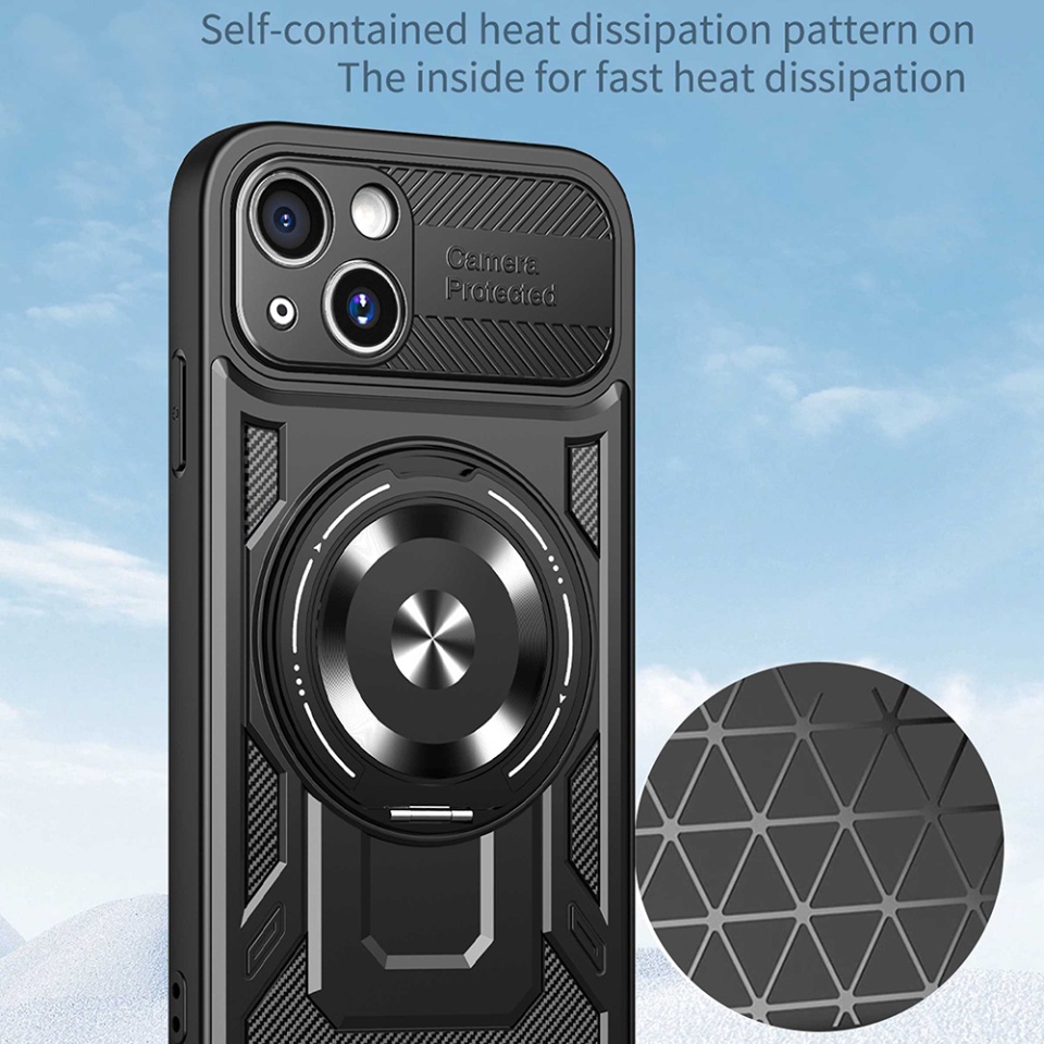 Husa pentru iPhone 15 Plus, SKYDDAR INNOVATION, RuggedCam, Inel magnetic antisoc, set cu sticker, Negru - 3 | YEO