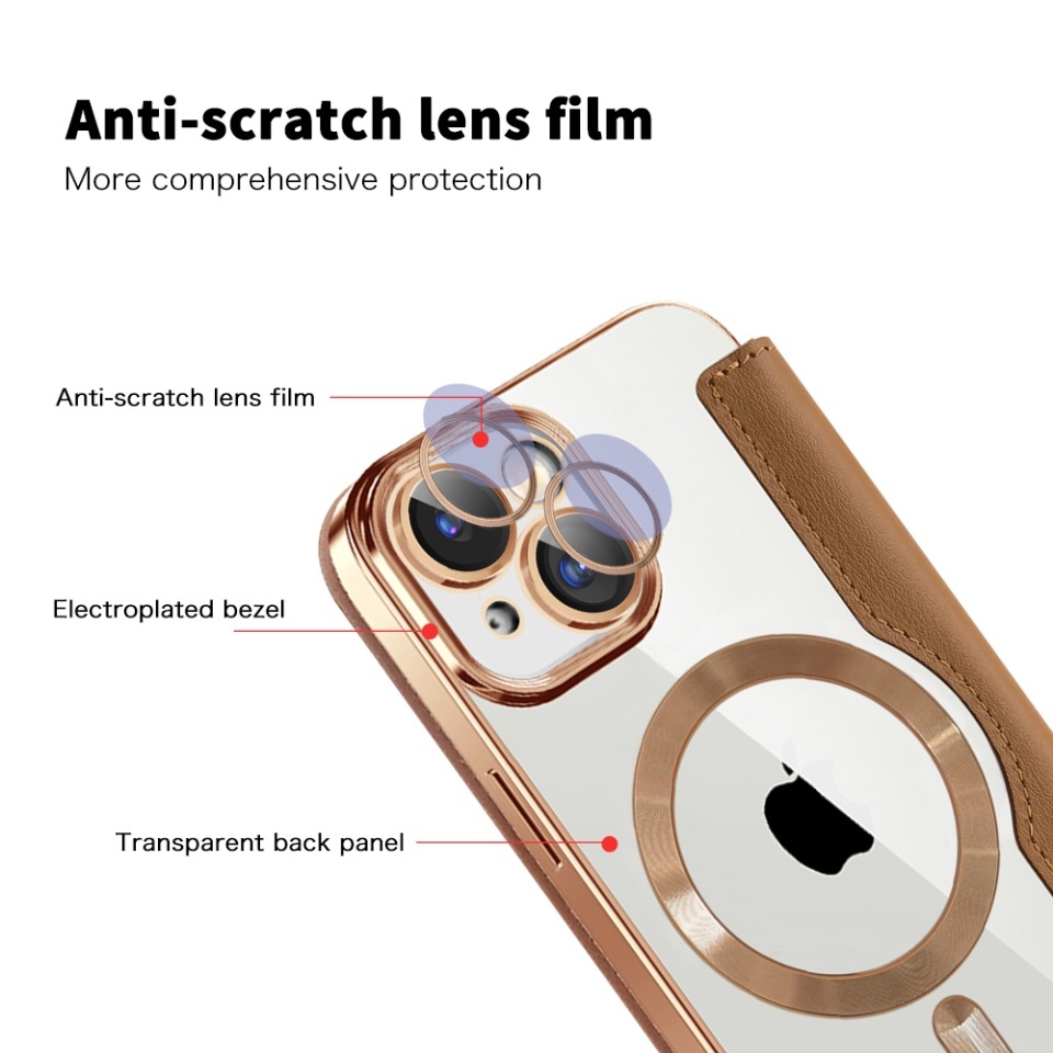 Husa pentru iPhone 15 Plus tip carte, SKYDDAR INOVATION, SmartMag Book, Magsafe, RFiD, Suport Carduri, set cu sticker, Maro - 2 | YEO