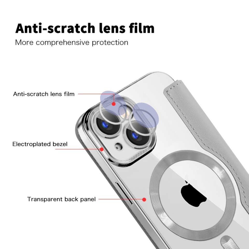 Husa pentru iPhone 15 Plus tip carte, SKYDDAR INOVATION, SmartMag Book, Magsafe, RFiD, Suport Carduri, set cu sticker, Gri - 2 | YEO