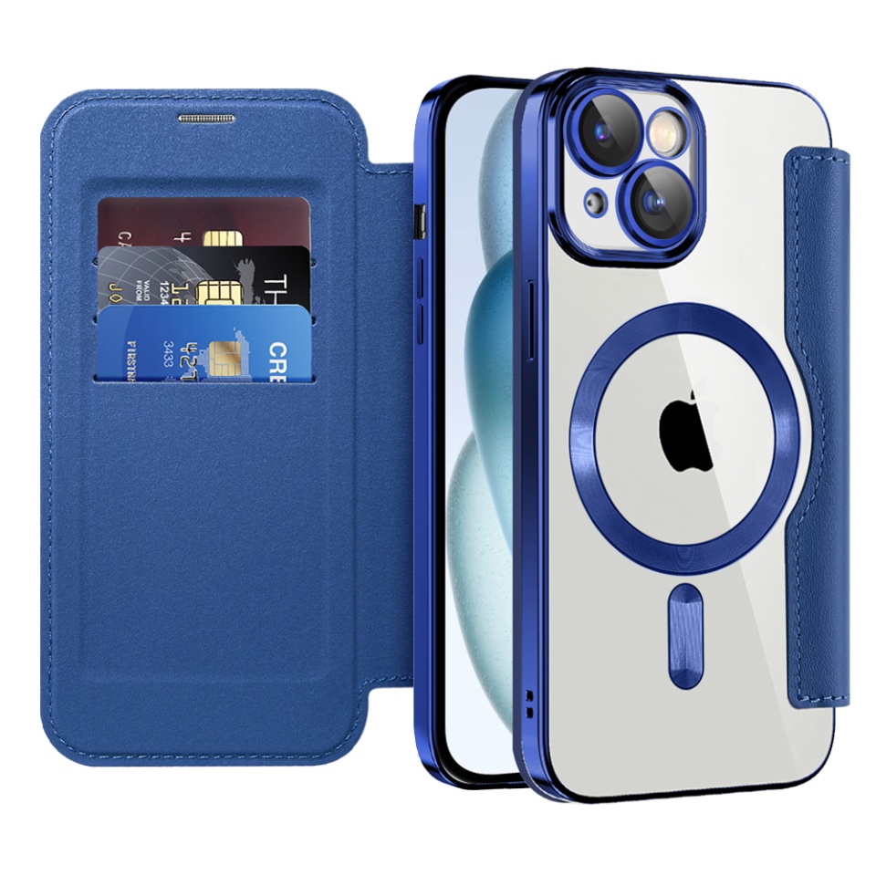 Husa pentru iPhone 15 Plus tip carte, SKYDDAR INOVATION, SmartMag Book, Magsafe, RFiD, Suport Carduri, set cu sticker, Albastru