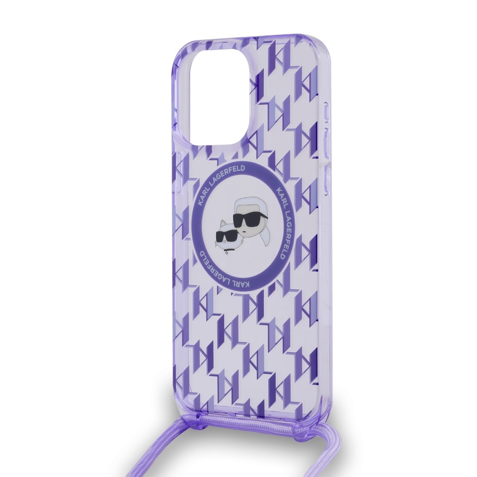 Husa pentru iPhone 15 Pro, Karl Lagerfeld, IML Crossbody MagSafe, Purple Monogram Karl&Choupette Head - 3 | YEO