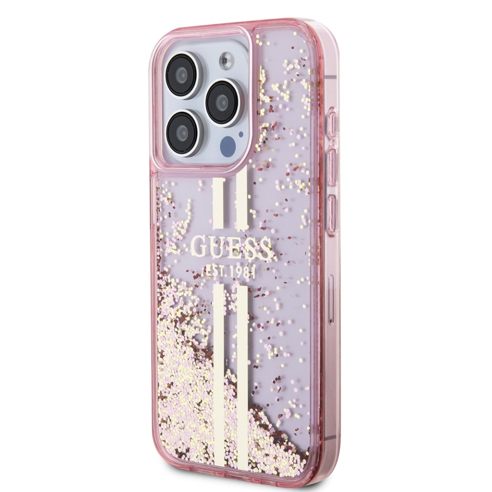 Husa pentru iPhone 15 Pro, Liquid Glitter Gold Stripes, Guess - Roz - 3 | YEO
