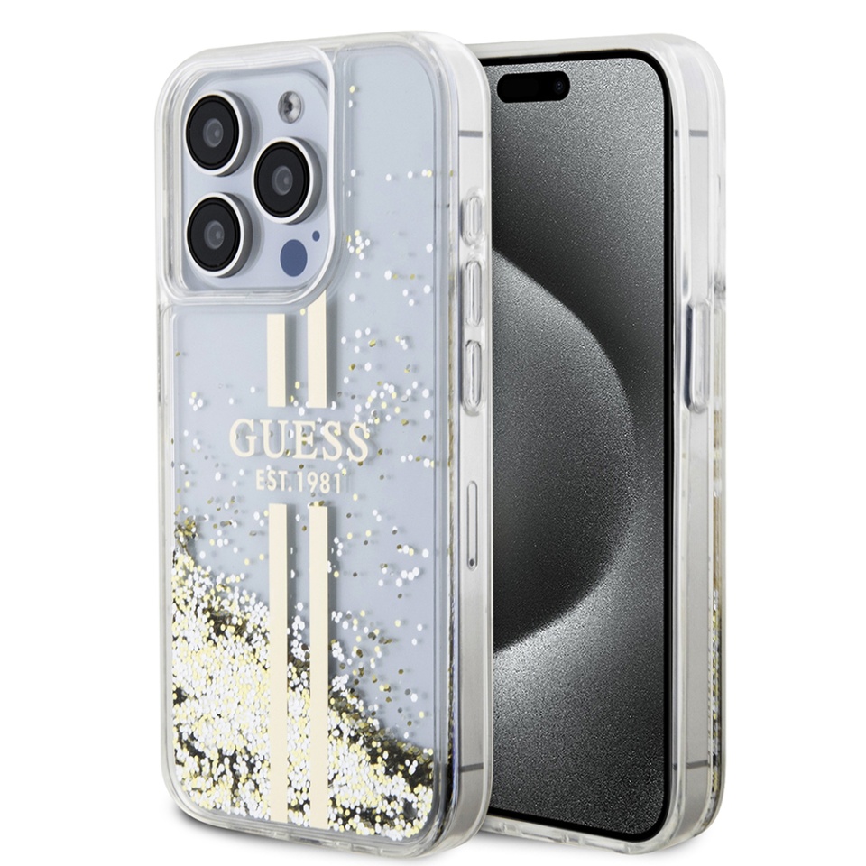 Husa pentru iPhone 15 Pro, Liquid Glitter Gold Stripes, Guess - Transparenta