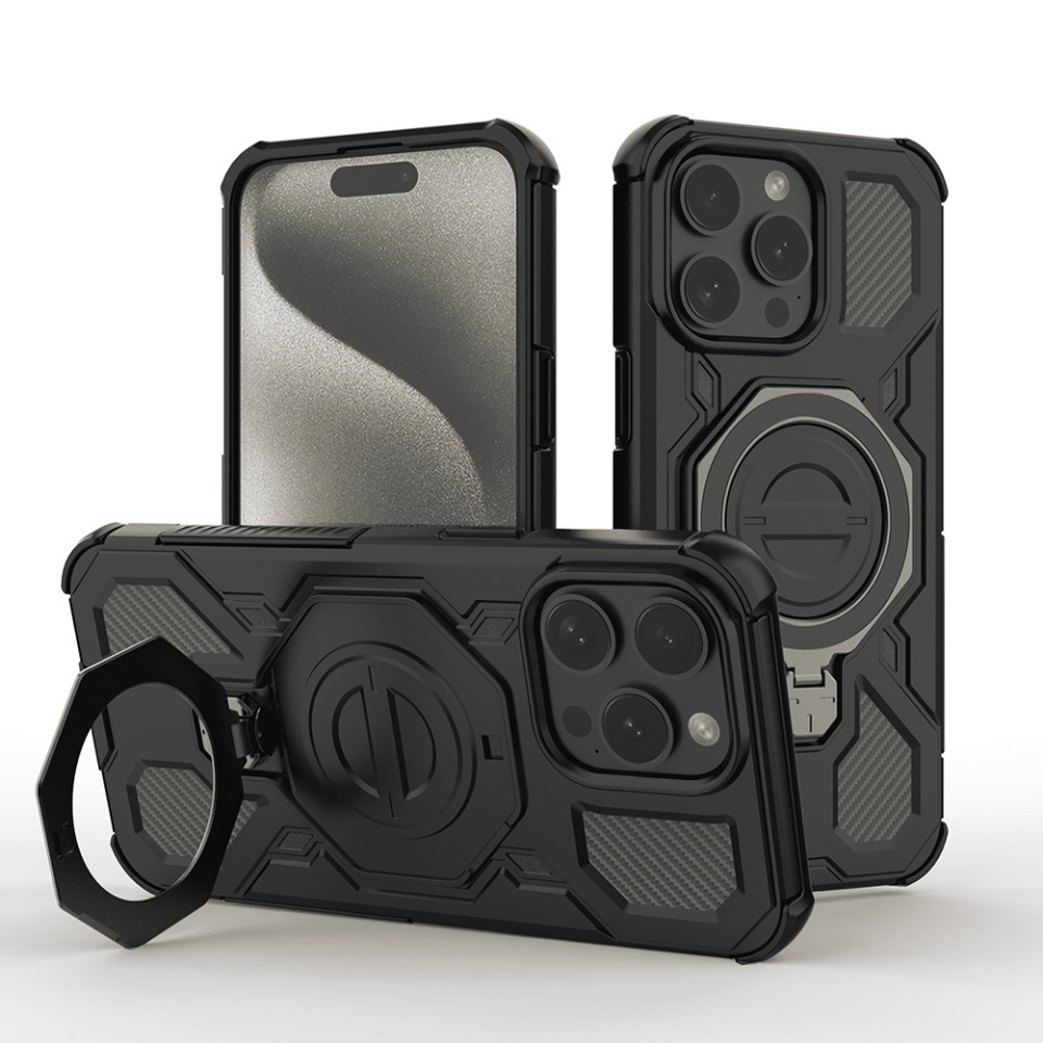 Husa pentru iPhone 15 Pro Max, Antisoc, SKYDDAR INOVATION, Carbon Shield PRO, Magsafe, set cu sticker, Negru