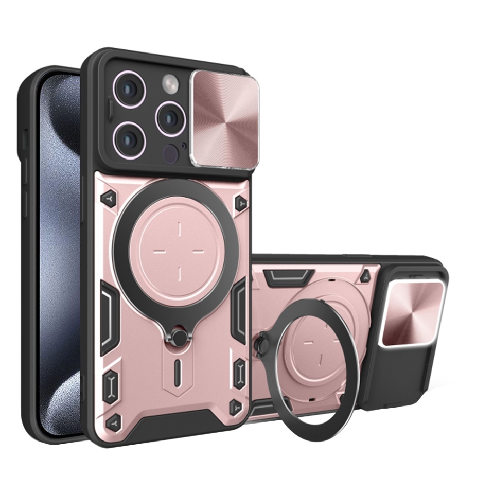 Husa pentru iPhone 15 Pro Max, SKYDDAR INNOVATION, CamGuard Pro, Inel Magnetic, Protectie Camera, Roz auriu, set cu sticker