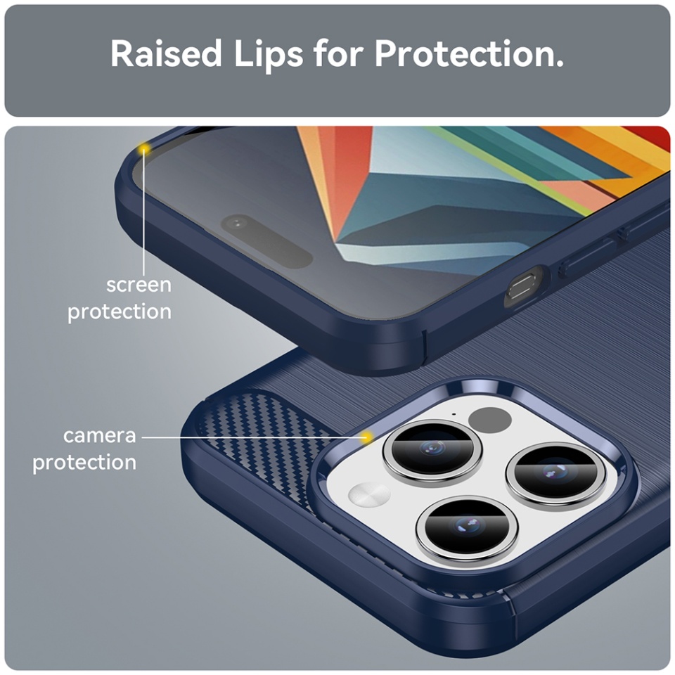 Husa pentru iPhone 15 Pro Max, SKYDDAR INNOVATION, Carbon Silicone, din Silicon Premium, Slim, cu textura Fibra Carbon, Albastru, set cu sticker - 3 | YEO